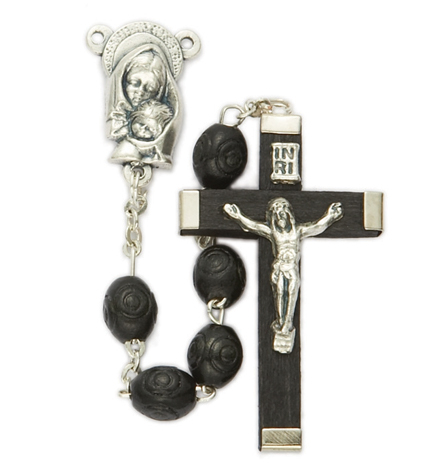 7mm Black Carved Wood Beads & Madonna & Child Center Rosary