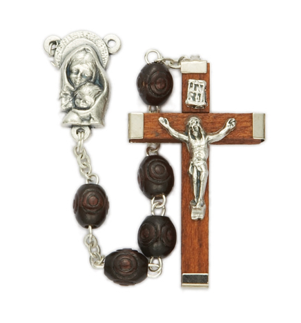 6mm Carved Rosewood Beads & 
Madonna & Child Center Rosary