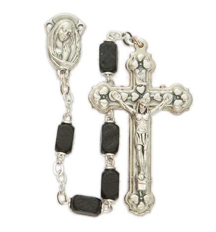 6mm Black Square Cut Wood Beads & Madonna Center Rosary