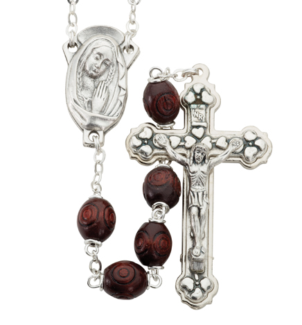 6mm Carved Rosewood Beads and 
Madonna Center Rosary