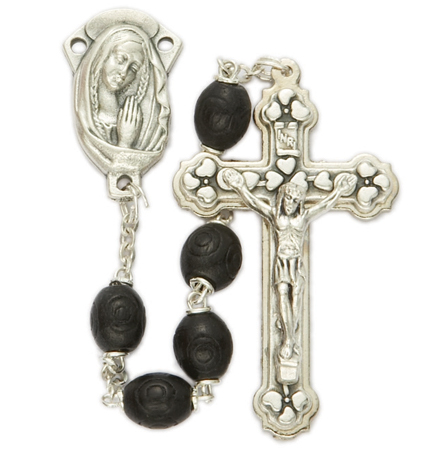 6mm Black Carved Wood Beads and 
Madonna Center Rosary