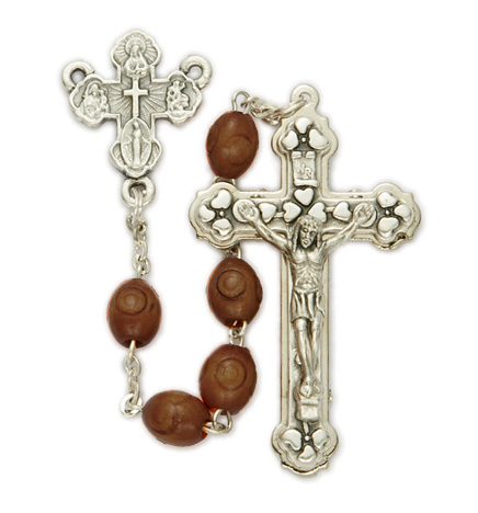 6mm Carved Brown Wood Beads and Four 
Way Center Rosary