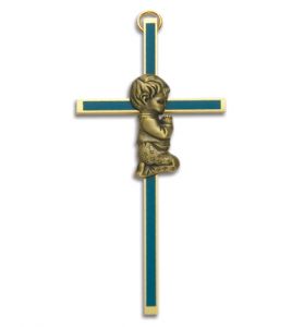 Brass Boy's Wall Cross with Blue Accent - 4"