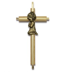 Brass and Wood Wall Cross with Centered Kneeling Girl - 7"