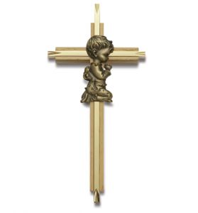 Brass and Wood Wall Cross with Centered Kneeling Boy - 7"