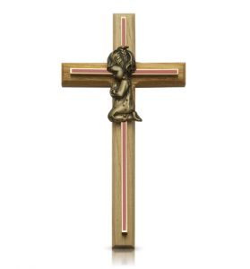 Brass and Wood Wall Cross with Centered Kneeling Girl - 8"