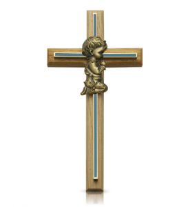 Brass and Wood Wall Cross with Centered Kneeling Boy - 8"