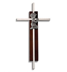 Dark Wood and Silver Plated Praying Boy Wall Cross - 7"