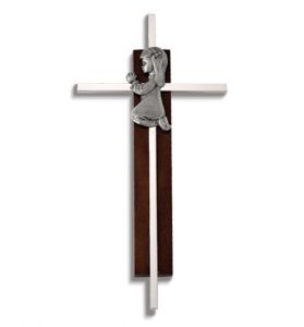 Dark Wood and Silver Plated Praying Girl Wall Cross - 7"