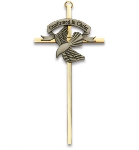 Brass and Pewter Confirmation Wall Cross with Centered Dove - 6 1/4" 