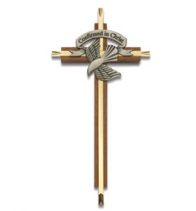 Wood and Brass Confirmation Wall Cross with Centered Pewter Dove - 7 1/8"