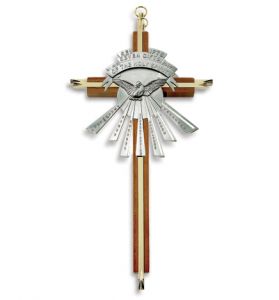 10" Wood and Brass Holy Spirit Wall Cross with 
Centered Pewter Dove