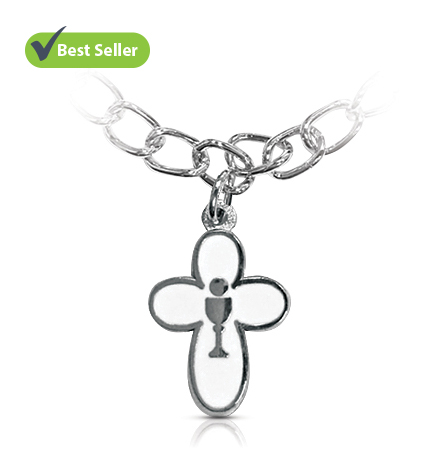 Silver Plated Round Cross with Chalice Charm Bracelet - 7"