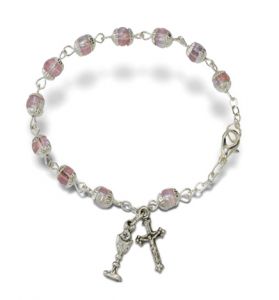 Rose Capped Beads Bracelet with 
Chalice & Crucifix Charms - 6"  