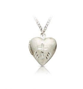 Silver Plated Heart Locket Necklace with Etched Cross - 5/8"