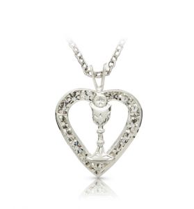 Silver & Crystal Glass Stones Heart with Chalice - 13/16"