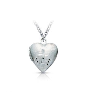 Silver Plated Heart Locket and Engraved Cross Necklace - 5/8"