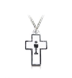 Silver Plated Enameled Cross & Centered 
Chalice Necklace - 3/4"