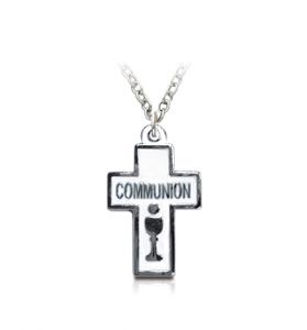 Silver Plated Enameled Cross w Centered Chalice Necklace - 7/8"