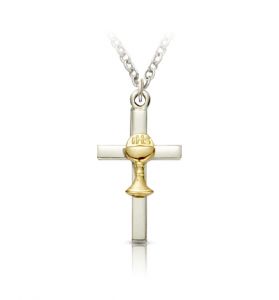 Two-Tone Sterling Silver Cross Necklace with Chalice - 13/16"