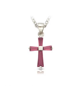 Sterling Silver February Birthstone Baguette Cross - 5/8"