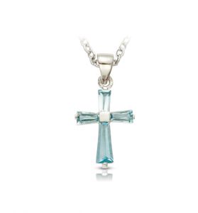 Sterling Silver March 
Birthstone Baguette Cross - 5/8"