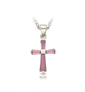 Sterling Silver October Birthstone Baguette Cross Necklace- 5/8"