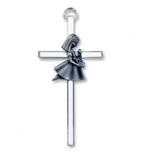 Silver Enameled Wall Cross with Kneeling First Communion Girl - 4 1/2"