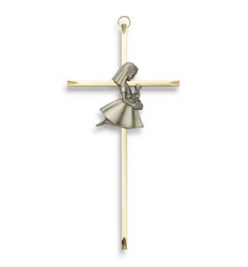 8" Brass Wall Cross with Pewter First Communion Girl 