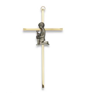 8" Brass Wall Cross with Pewter First Communion Boy