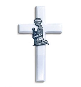 Painted White Wood First Communion Boy Wall Cross - 6 3/4"