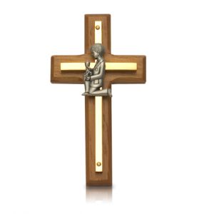 Brass & Wood Wall Cross with Pewter First Communion Boy - 4 1/2"
