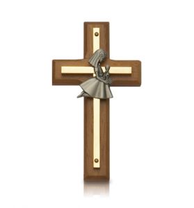 Brass & Wood Wall Cross with Pewter First Communion Girl - 4-1/2" 