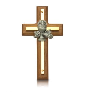 Brass & Wood Wall Cross with 
Centered Pewter Chalice - 4 1/2" 