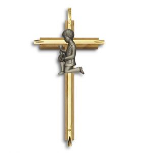 Brass & Oak Wall Cross with Pewter First Communion Boy - 7" 