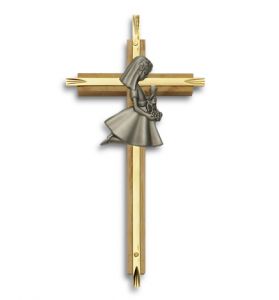 Brass & Oak Wall Cross with Pewter First Communion Girl - 7" 