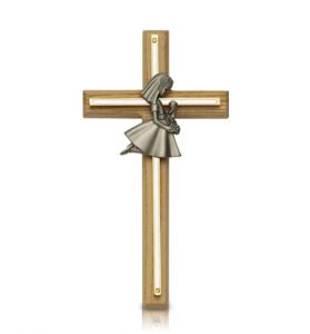 Oak & Screened Brass Cross with 
Pewter First Communion Girl - 7-3/4" 