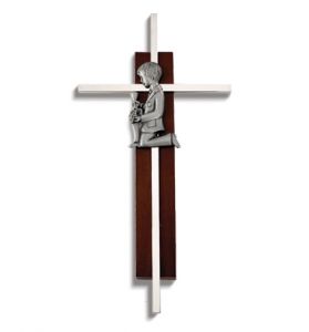 Wood and Silver First Communion Cross with Kneeling Boy - 7"