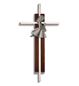 Wood and Silver First Communion Cross with Kneeling Girl - 8" 