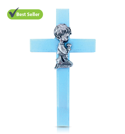 Painted Blue Wood Praying Boy Wall Cross - 6 3/4"