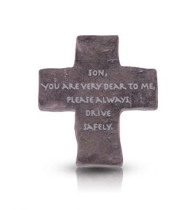 Pewter "Drive Safely" Cross Visor Clip for Son - 2"