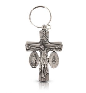 Antique Pewter Holy Trinity Crucifix and Miraculous Key Chain - 2 1/2"