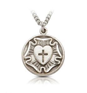 Round Sterling Silver Diamond Engraved Lutheran Rose Medal - 11/16