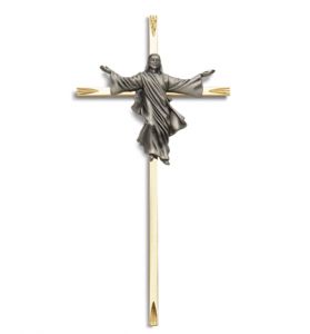 Engraved Brass Cross with Fine Pewter Risen Christ - 8"