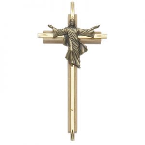 Oak and Brass Cross with Risen Christ - 8"