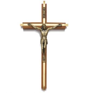 Walnut Engraved Brass Wall Crucifix 
with Antique Gold Corpus - 8"