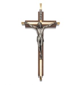 Walnut Engraved Brass Wall Crucifix
with Fine Pewter Corpus - 7" 