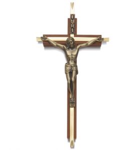 Walnut Wall Crucifix with Engraved Brass Antiqued Gold Metal Corpus - 7" 